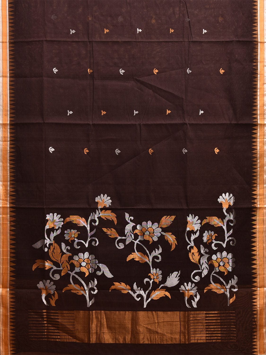Dark Brown Khadi Cotton Handloom Saree with Floral Pallu Design kh0700