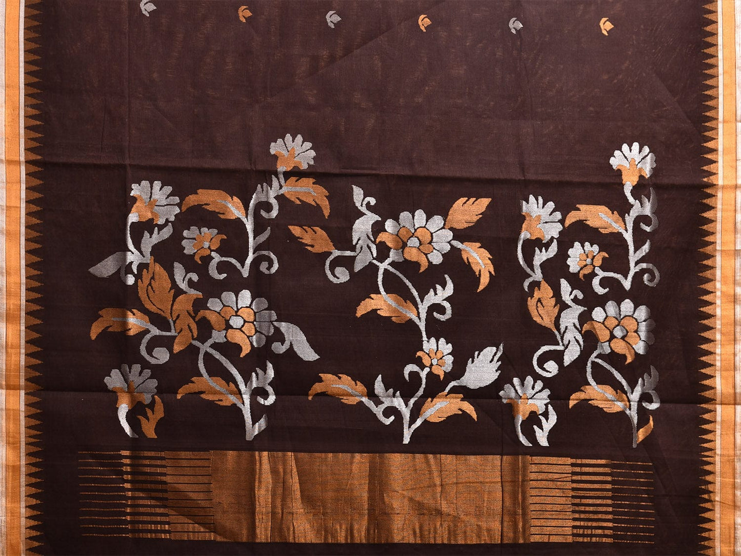 Dark Brown Khadi Cotton Handloom Saree with Floral Pallu Design kh0700