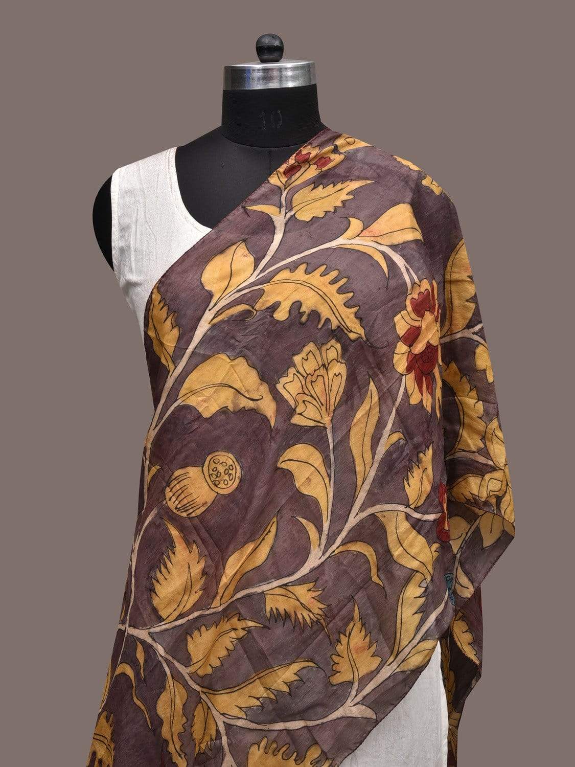 Dark Burgundy Kalamkari Hand Painted Silk Stole with Floral Design ds2321