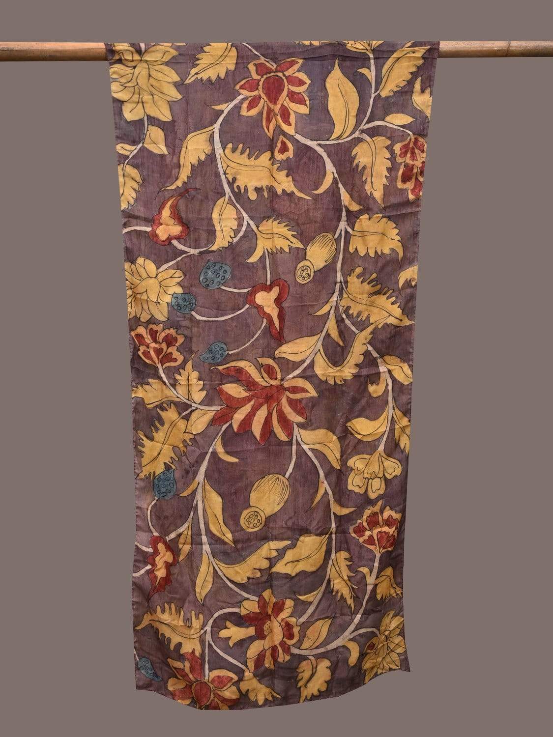 Dark Burgundy Kalamkari Hand Painted Silk Stole with Floral Design ds2321