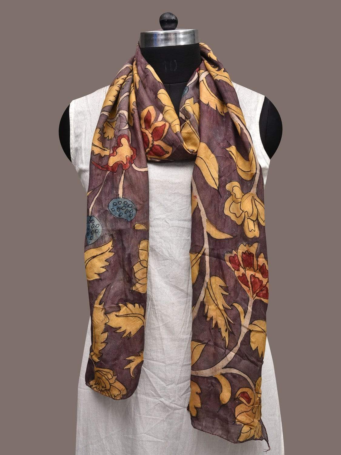 Dark Burgundy Kalamkari Hand Painted Silk Stole with Floral Design ds2321