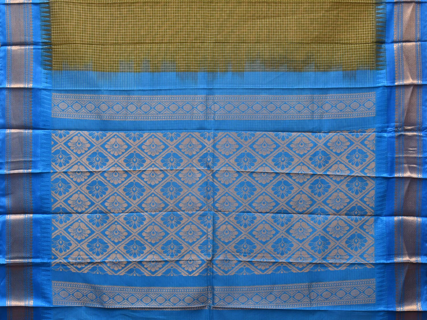 Dark Green and Blue Gadwal Cotton Plain Saree with Checks and Pallu Design No Blouse g0350