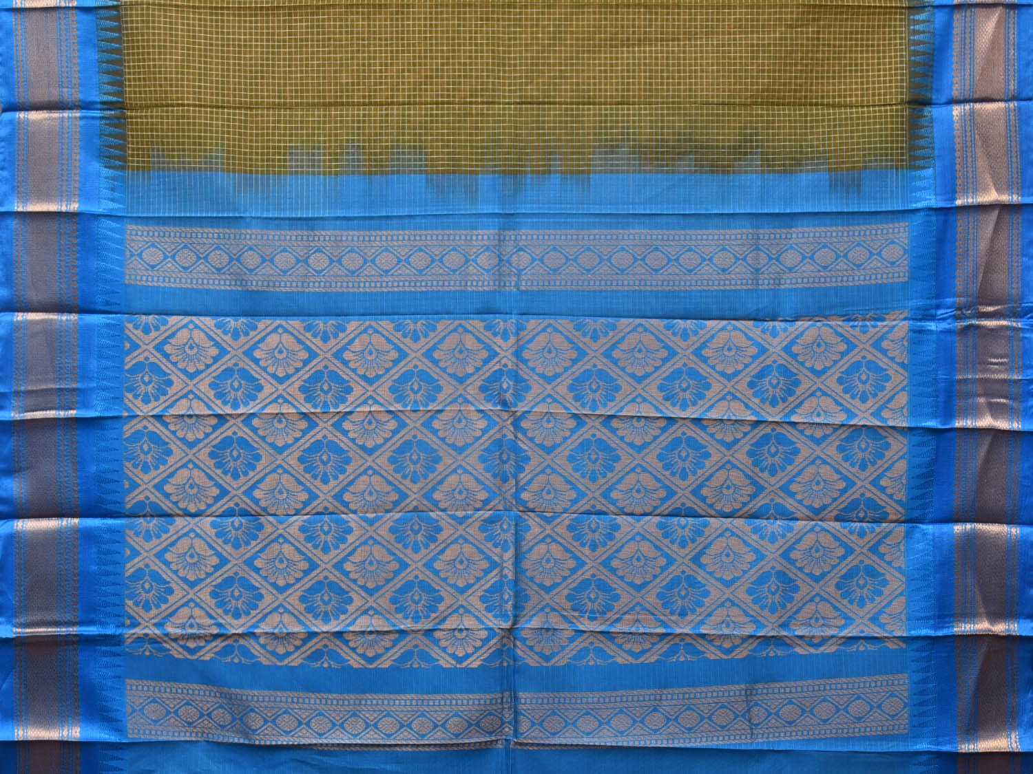 Dark Green and Blue Gadwal Cotton Plain Saree with Checks and Pallu Design No Blouse g0350