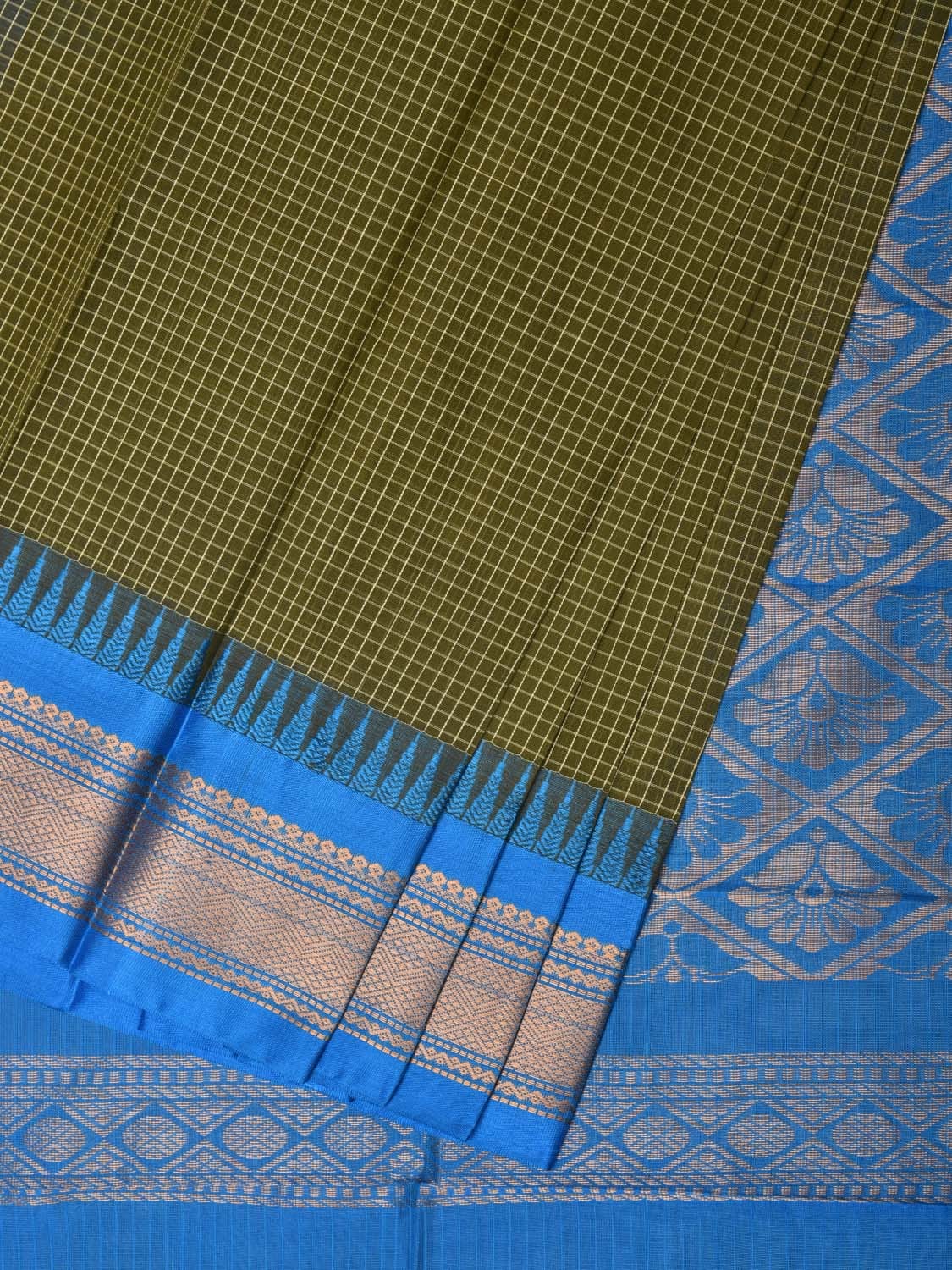 Dark Green and Blue Gadwal Cotton Plain Saree with Checks and Pallu Design No Blouse g0350