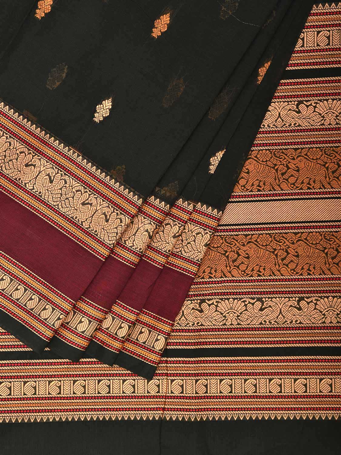 Dark Green and Cream Kanchipuram Cotton Saree with Body Buta and Pallu Design k0761