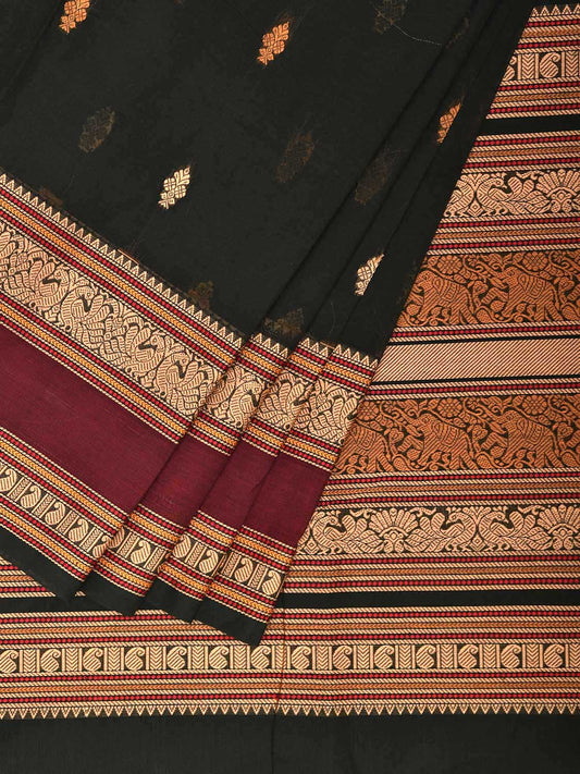 Dark Green and Cream Kanchipuram Cotton Saree with Body Buta and Pallu Design k0761