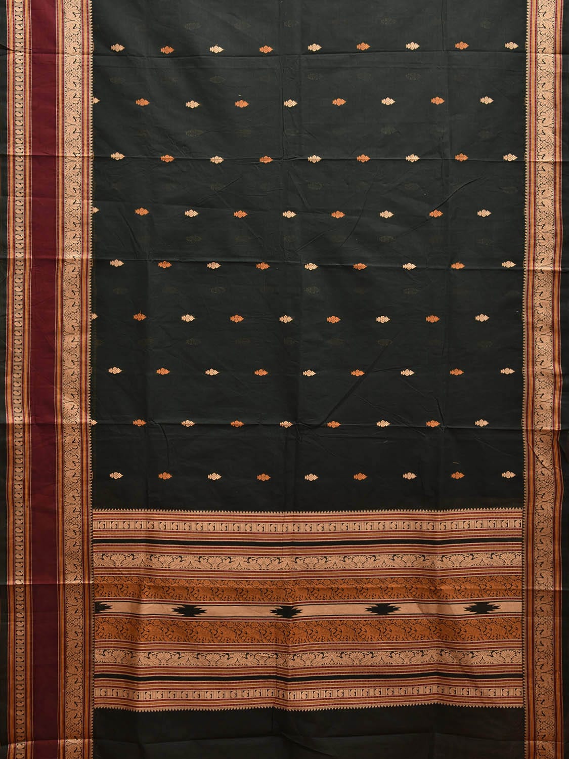 Dark Green and Cream Kanchipuram Cotton Saree with Body Buta and Pallu Design k0761