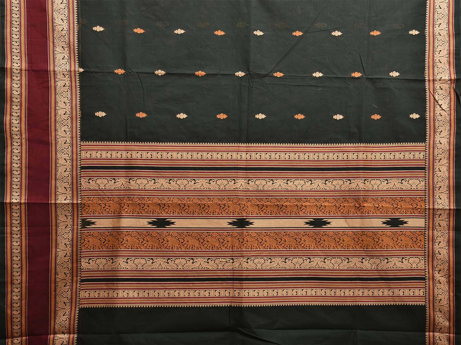 Dark Green and Cream Kanchipuram Cotton Saree with Body Buta and Pallu Design k0761