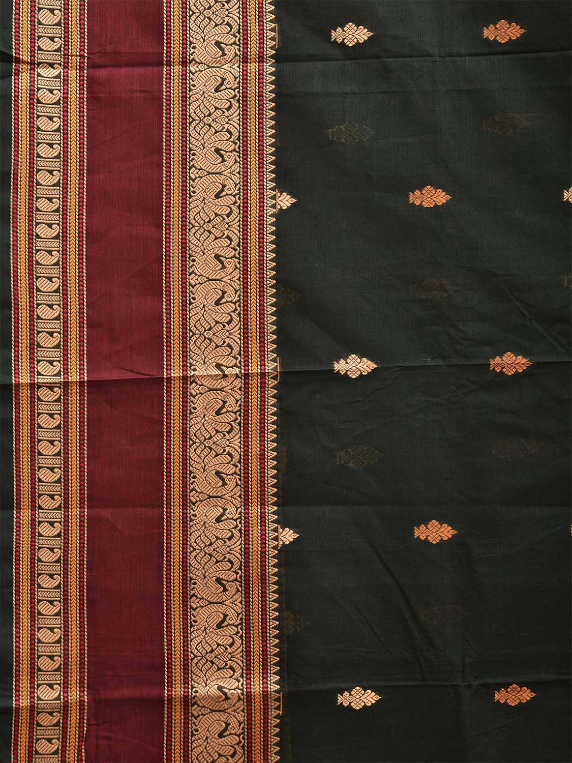 Dark Green and Cream Kanchipuram Cotton Saree with Body Buta and Pallu Design k0761