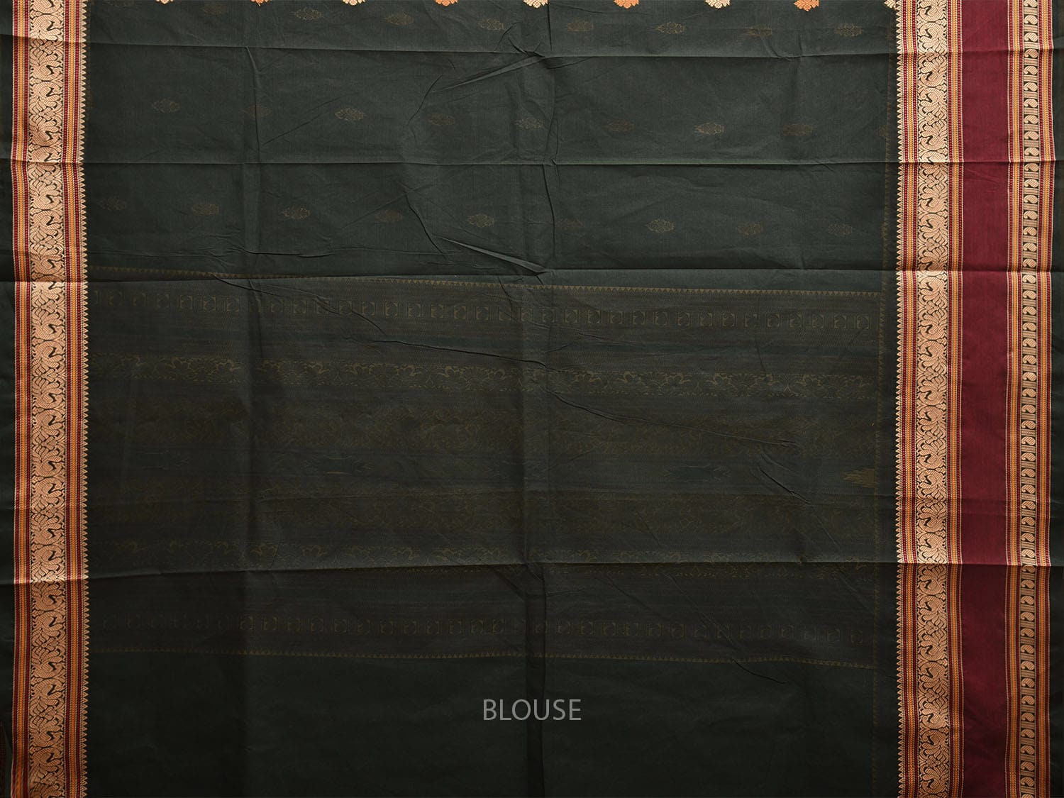 Dark Green and Cream Kanchipuram Cotton Saree with Body Buta and Pallu Design k0761