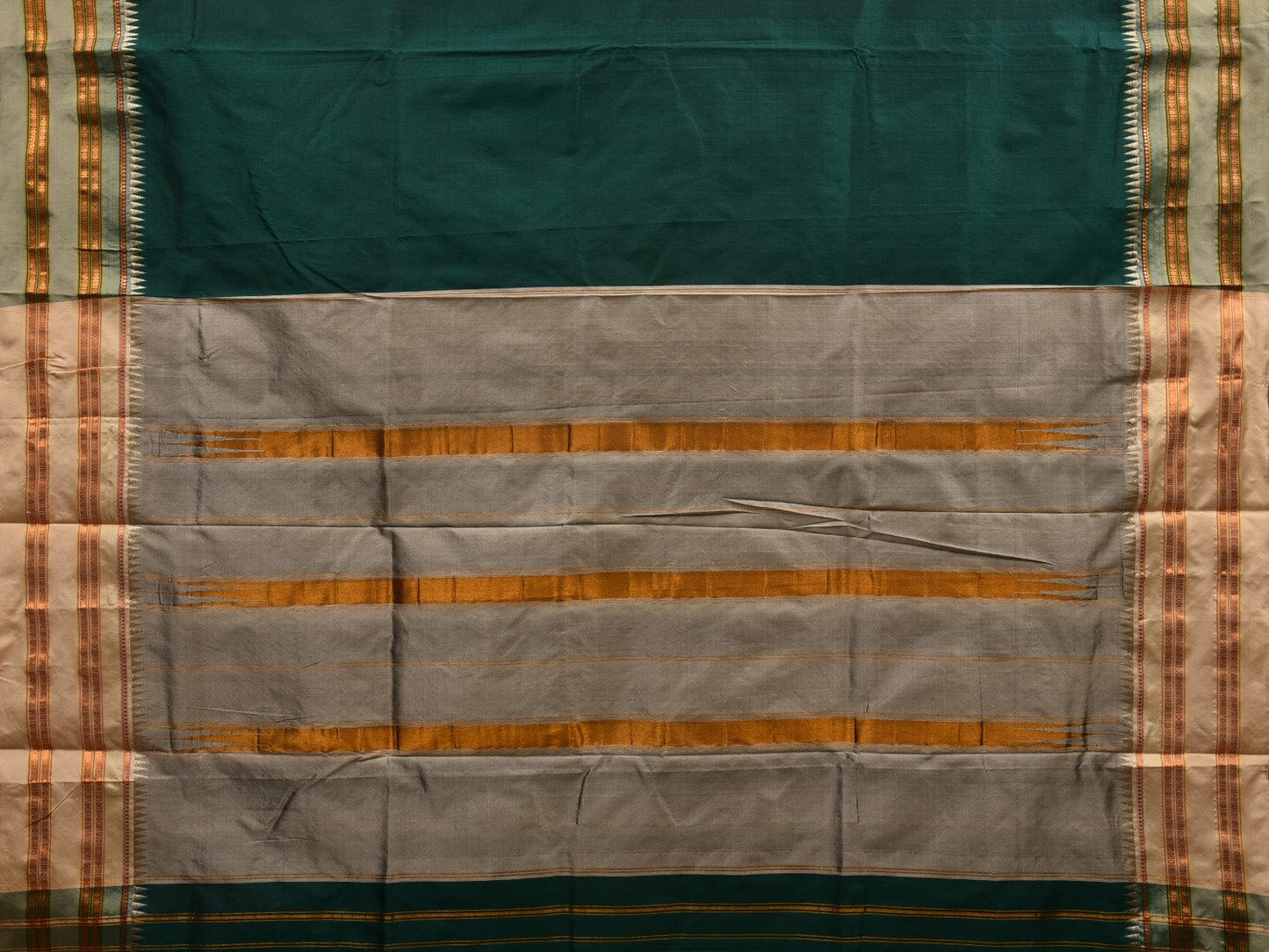 Dark Green and Cream Narayanpet Silk Handloom Plain Saree with Traditional Border Design No Blouse np0574