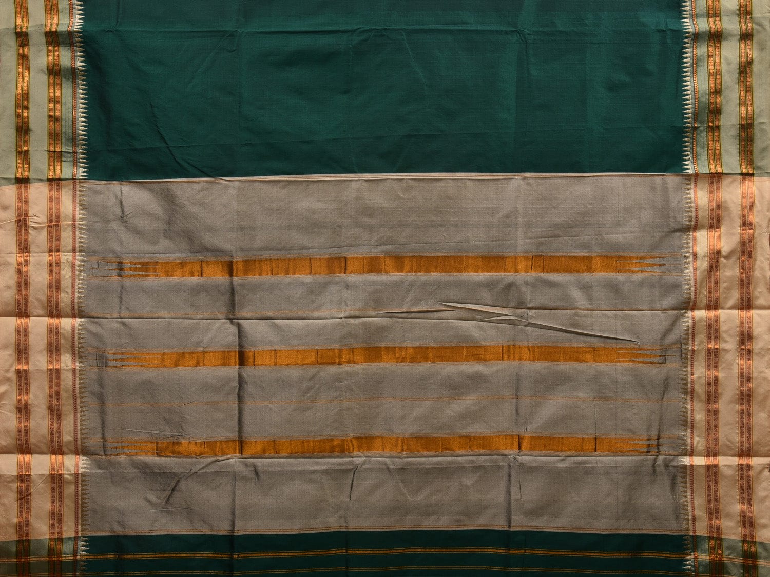 Dark Green and Cream Narayanpet Silk Handloom Plain Saree with Traditional Border Design No Blouse np0574
