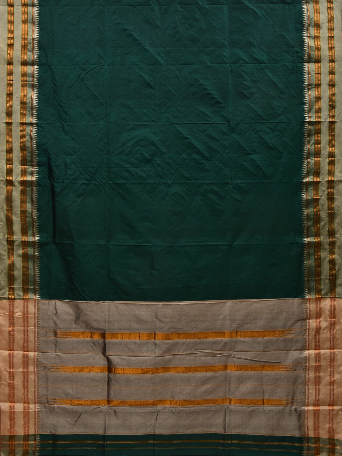 Dark Green and Cream Narayanpet Silk Handloom Plain Saree with Traditional Border Design No Blouse np0574