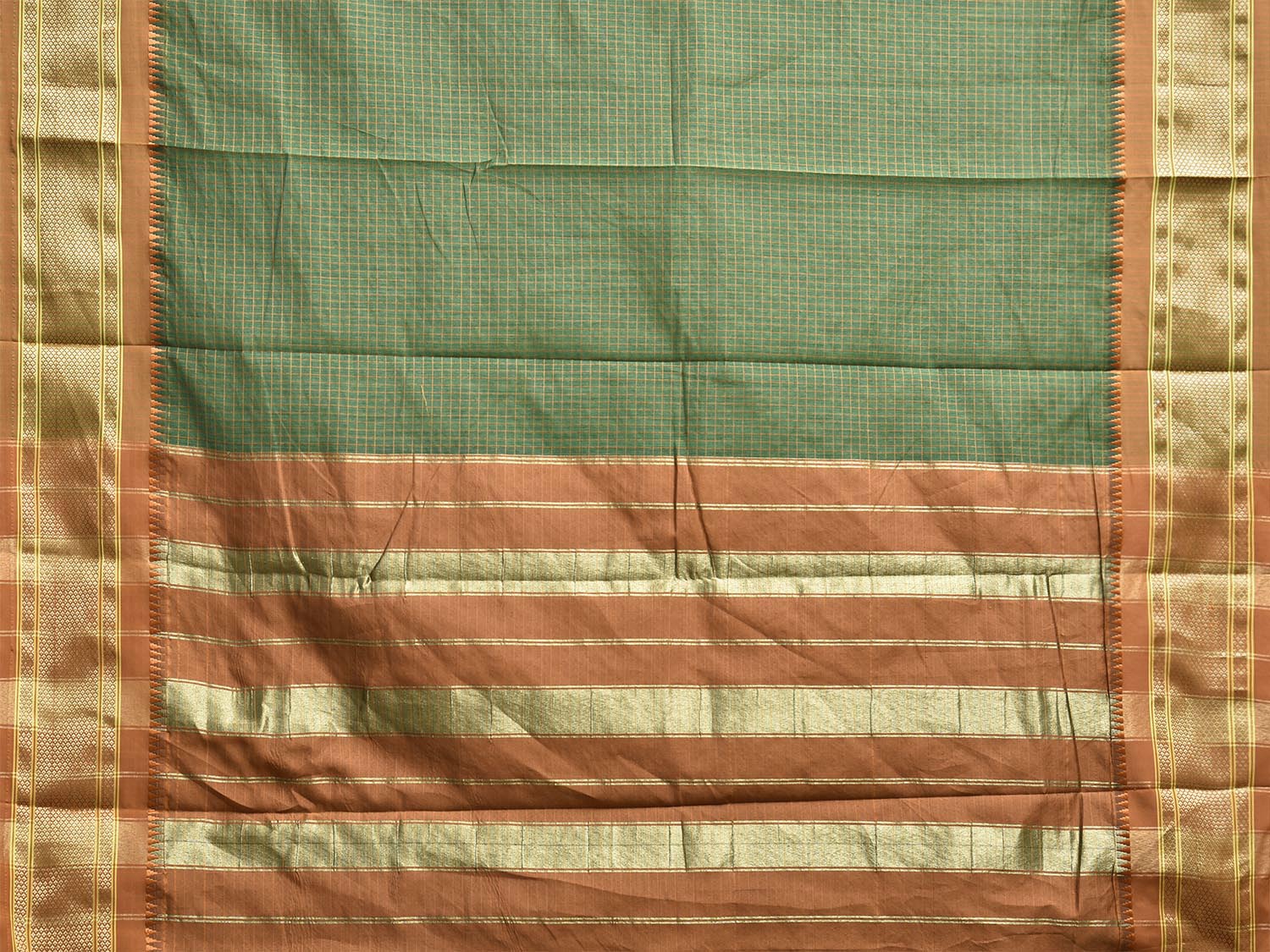 Dark Green and Fawn Bamboo Cotton Saree with Checks Design No Blouse bc0806