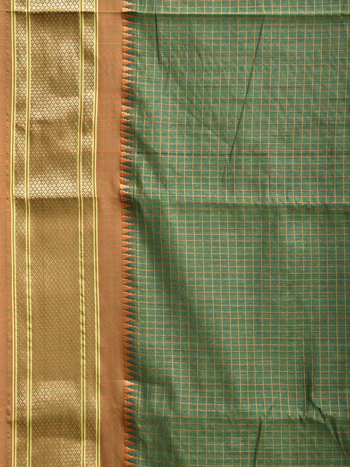 Dark Green and Fawn Bamboo Cotton Saree with Checks Design No Blouse bc0806