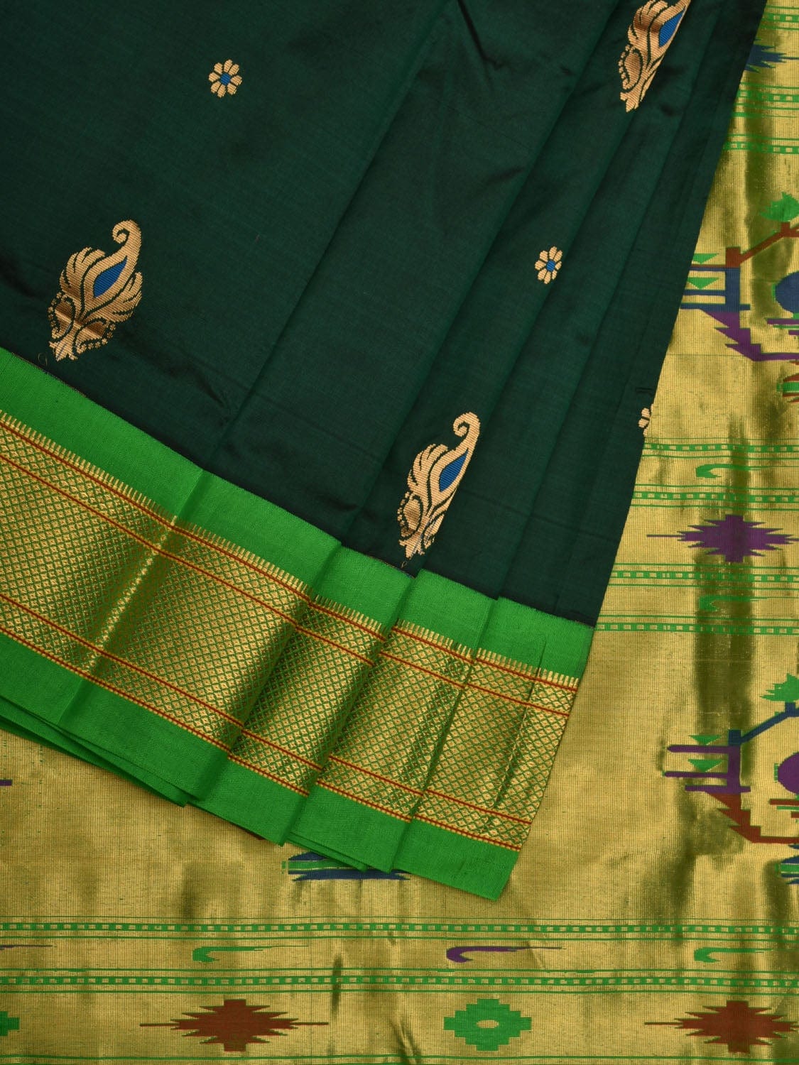 Dark Green and Green Paithani Silk Handloom Saree with Body Buta Design p0427