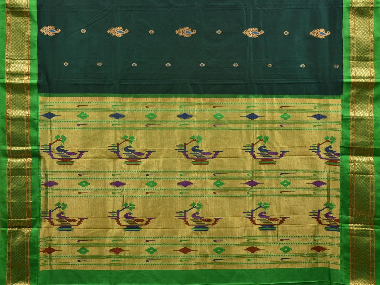 Dark Green and Green Paithani Silk Handloom Saree with Body Buta Design p0427