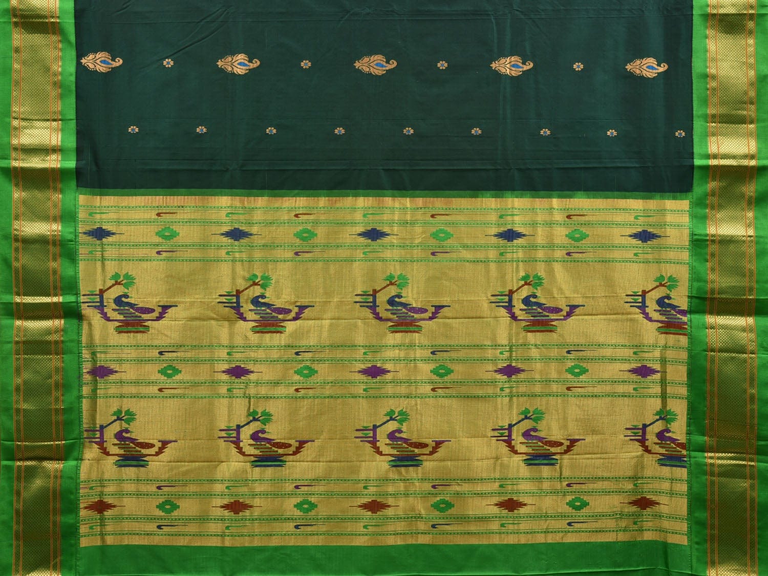 Dark Green and Green Paithani Silk Handloom Saree with Body Buta Design p0427