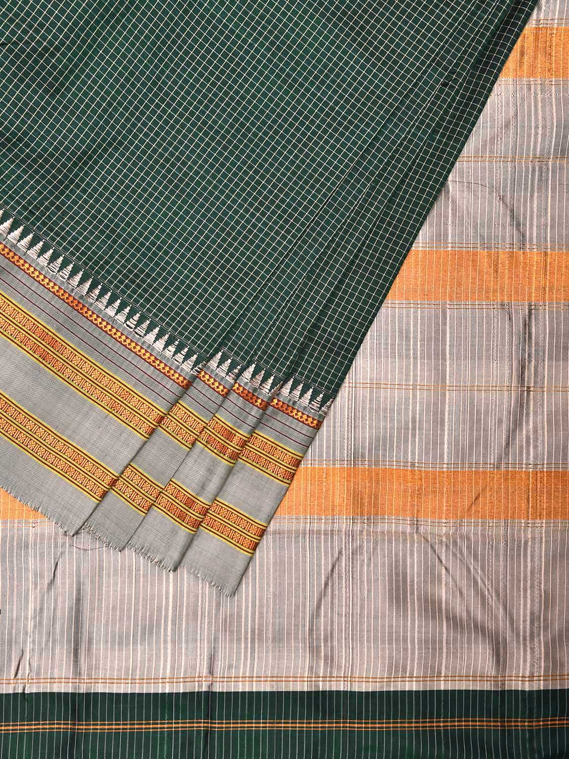 Dark Green and Light Grey Narayanpet Silk Handloom Saree with Checks Design No Blouse np1057