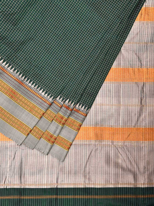 Dark Green and Light Grey Narayanpet Silk Handloom Saree with Checks Design No Blouse np1057