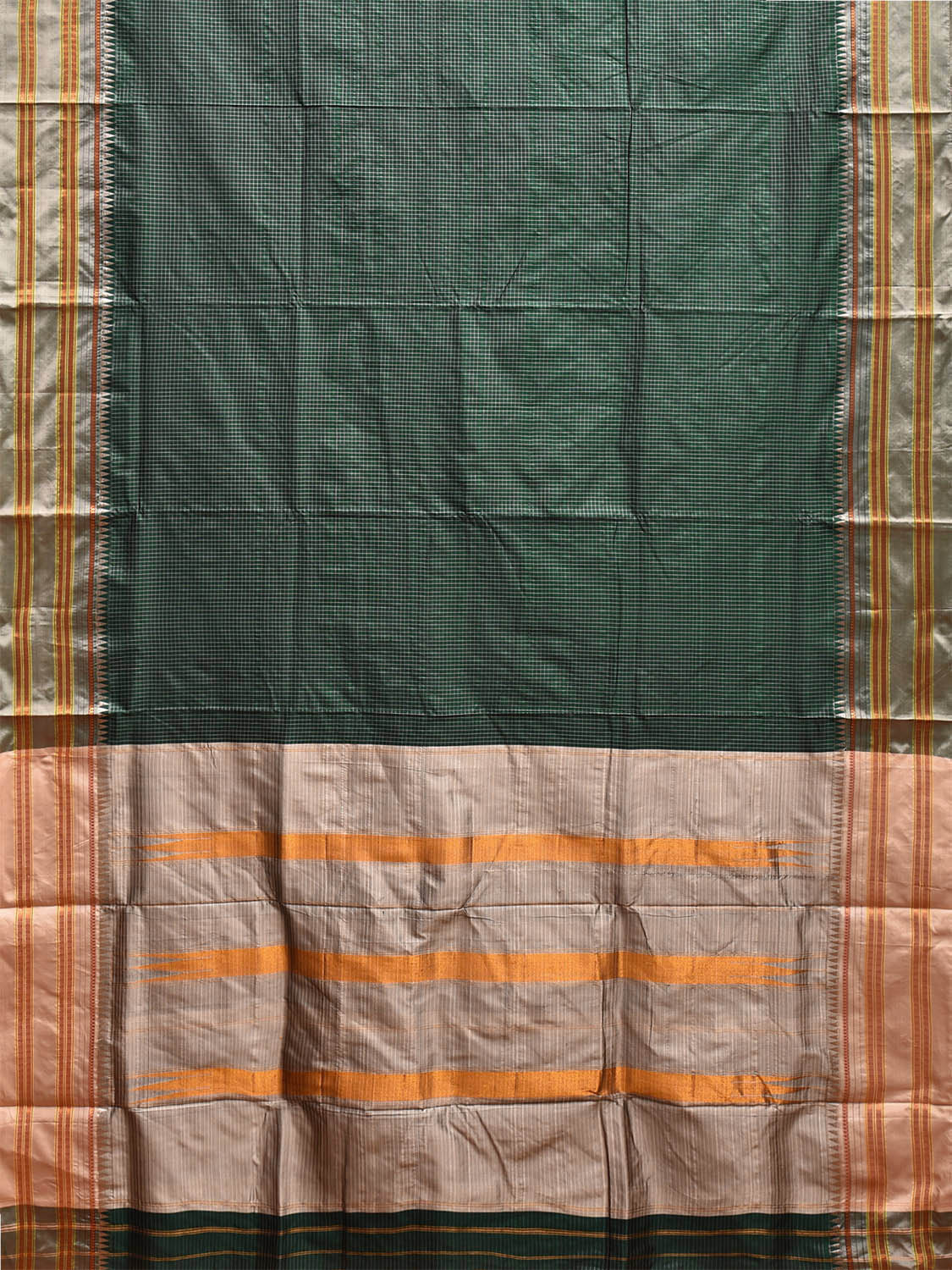 Dark Green and Light Grey Narayanpet Silk Handloom Saree with Checks Design No Blouse np1057