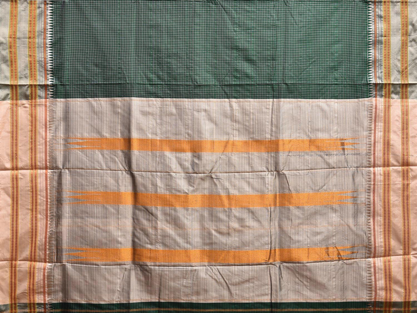 Dark Green and Light Grey Narayanpet Silk Handloom Saree with Checks Design No Blouse np1057