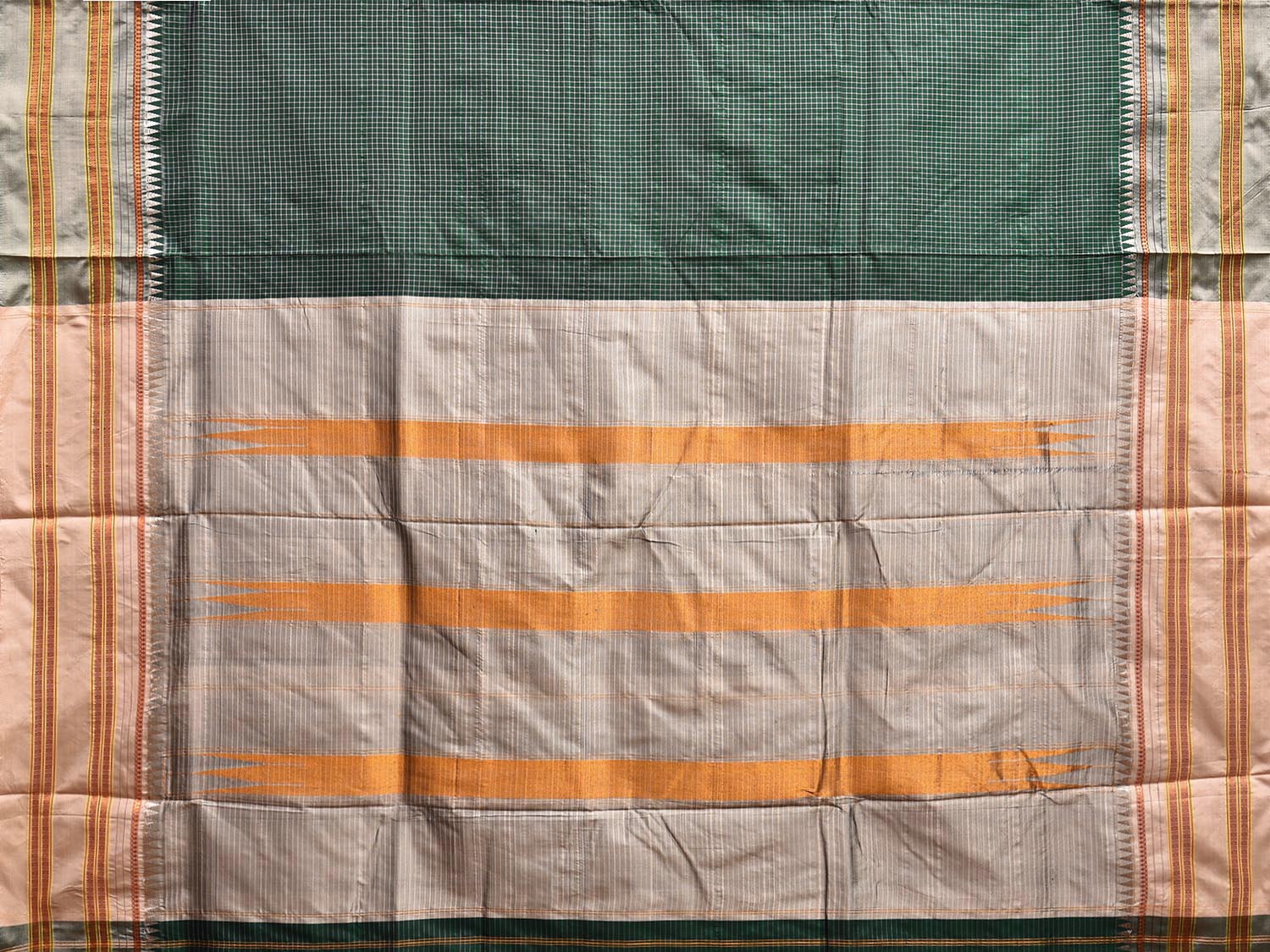 Dark Green and Light Grey Narayanpet Silk Handloom Saree with Checks Design No Blouse np1057