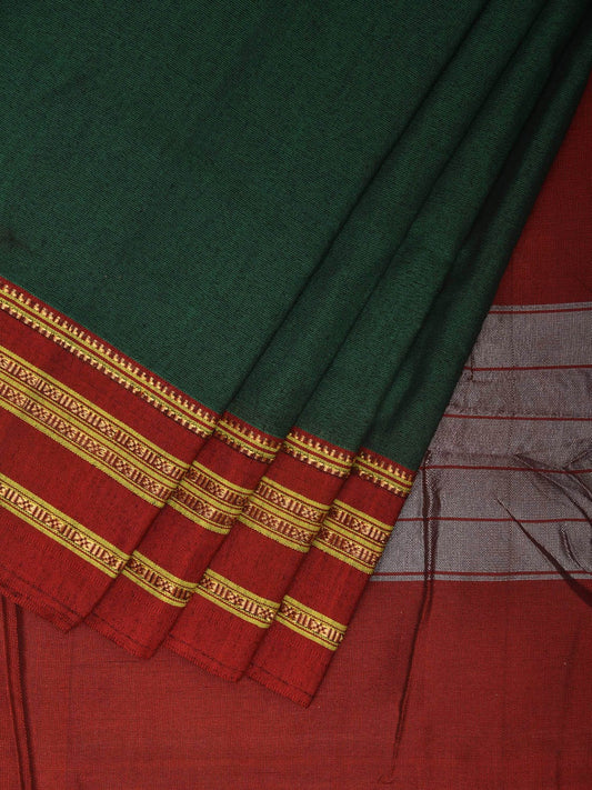Dark Green and Maroon ilkal Cotton Handloom Plain Saree with Strips Pallu Design o0469