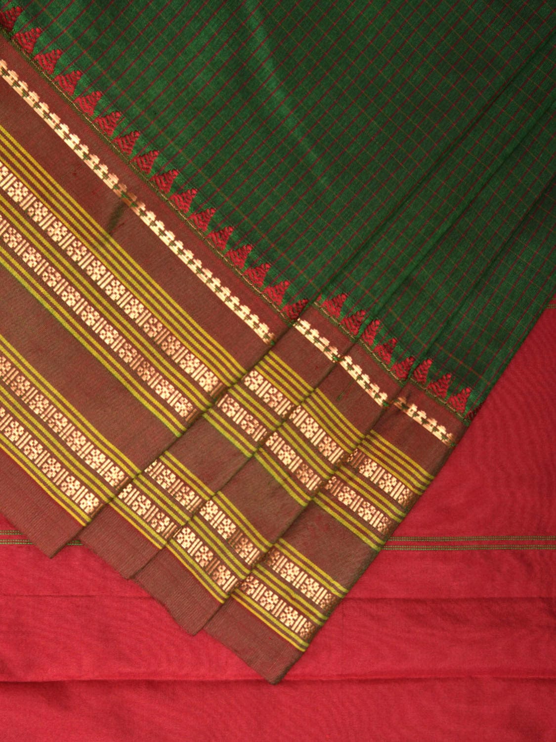 Dark Green and Maroon Narayanpet Silk Handloom Saree with Checks Design np0933