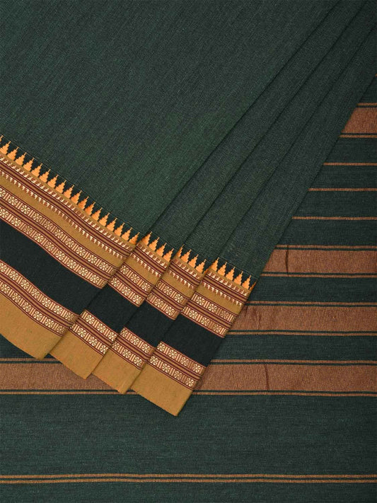 Dark Green and Mustard Bamboo Cotton Plain Saree with Strips Pallu Design No Blouse bc0615