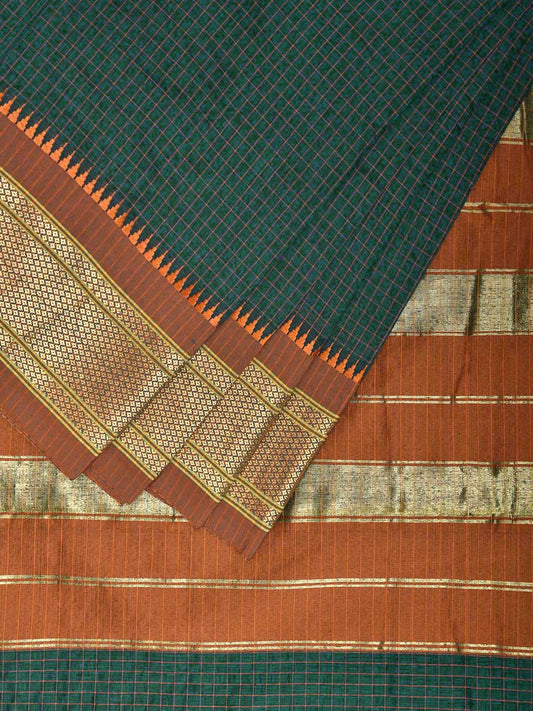 Dark Green and Mustard Bamboo Cotton Saree with Checks Design No Blouse bc0779