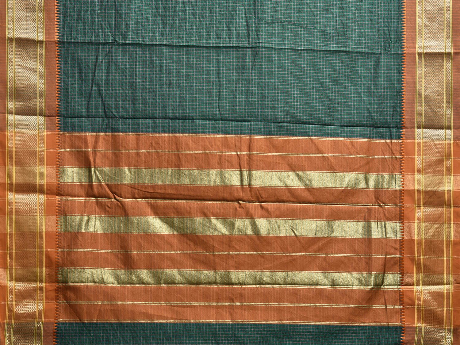 Dark Green and Mustard Bamboo Cotton Saree with Checks Design No Blouse bc0779