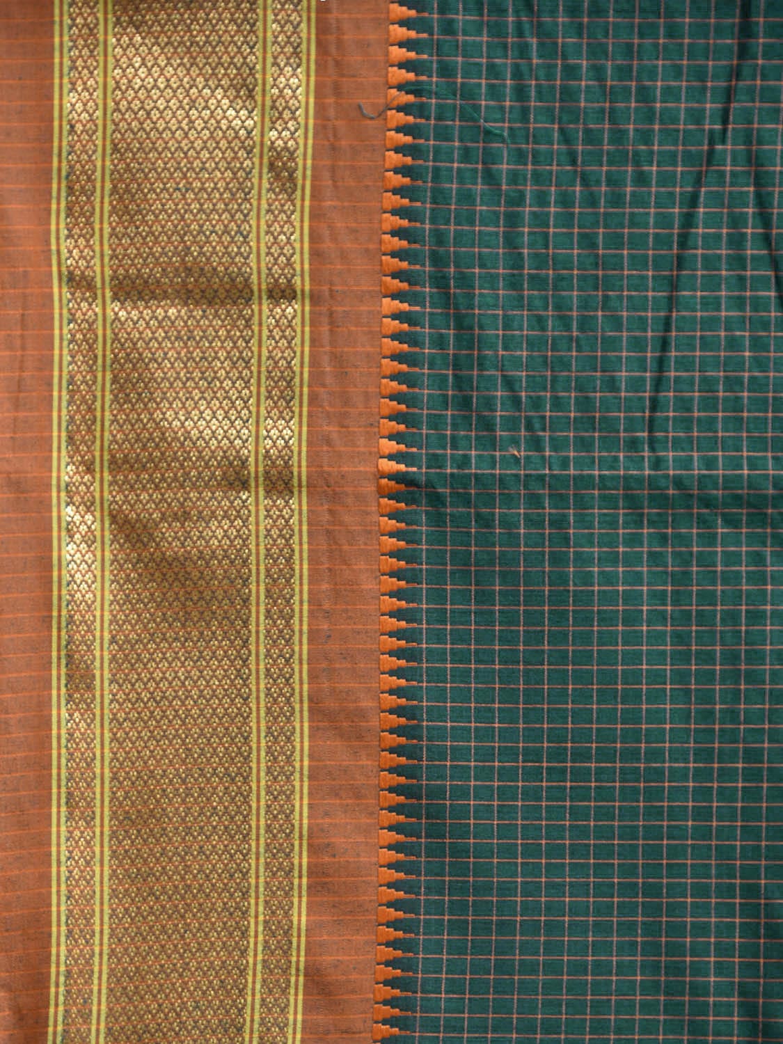 Dark Green and Mustard Bamboo Cotton Saree with Checks Design No Blouse bc0779