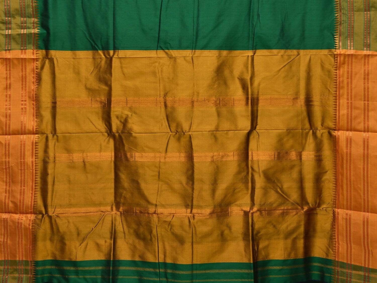 Dark Green and Mustard Narayanpet Silk Handloom Plain Saree with Traditional Border Design No Blouse np0344