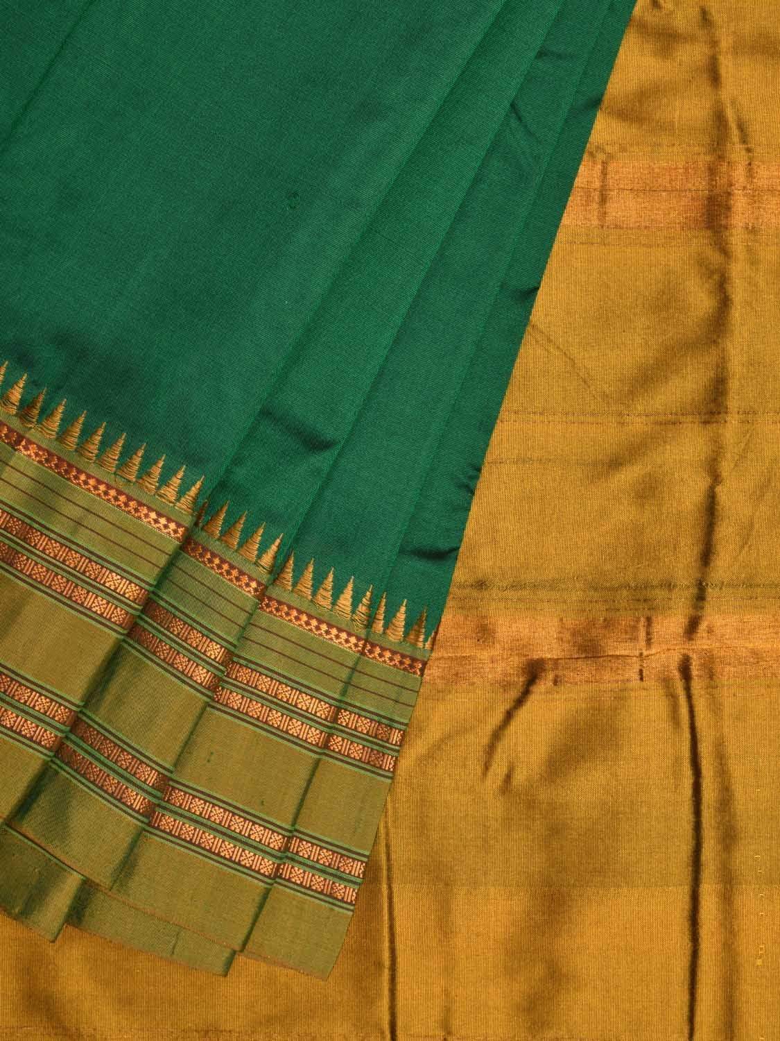 Dark Green and Mustard Narayanpet Silk Handloom Plain Saree with Traditional Border Design No Blouse np0344