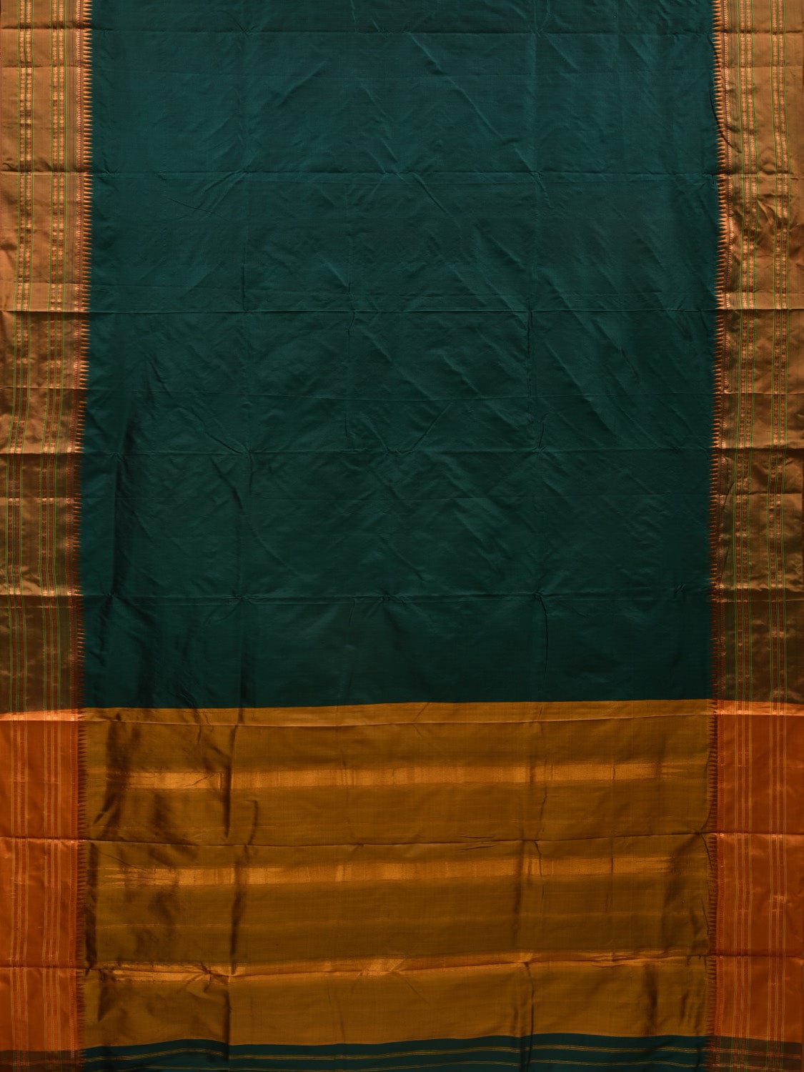 Dark Green and Mustard Narayanpet Silk Handloom Plain Saree with Traditional Border Design No Blouse np0572