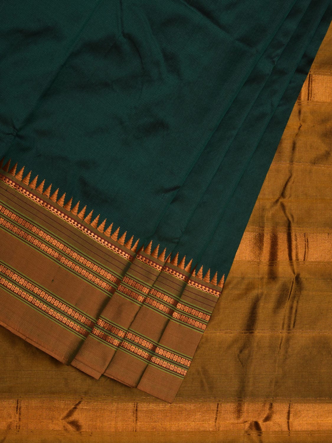 Dark Green and Mustard Narayanpet Silk Handloom Plain Saree with Traditional Border Design No Blouse np0572