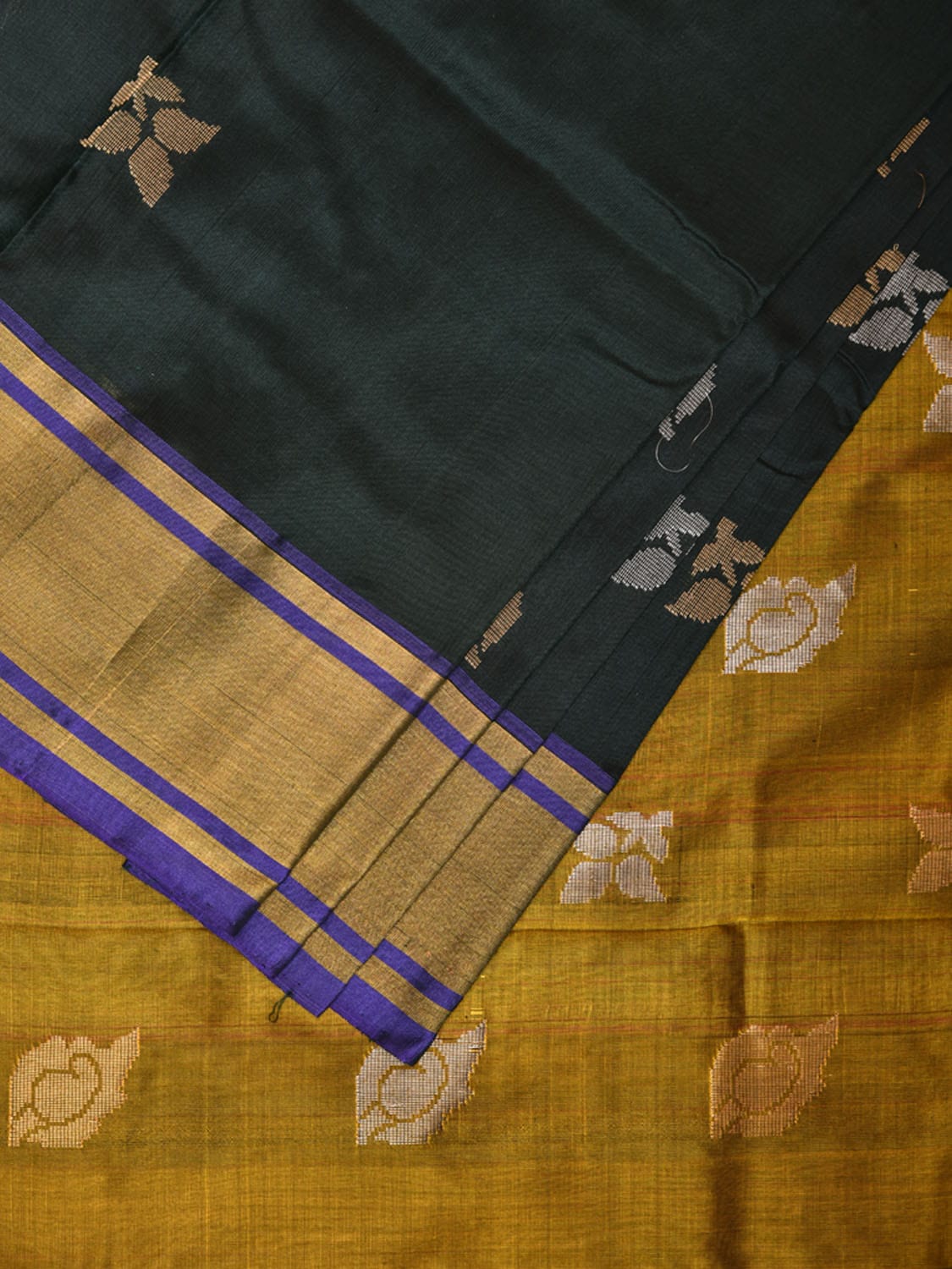 Dark Green and Olive Uppada Silk Handloom Saree with Buta Design u2006