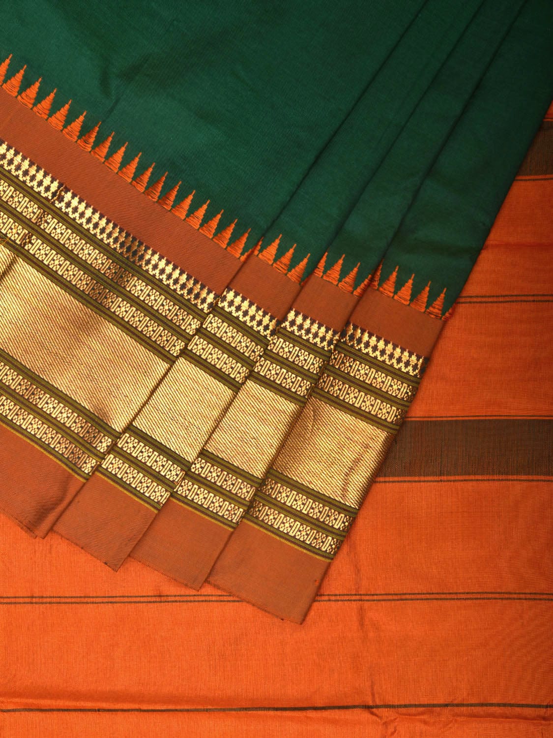 Dark Green and Orange Narayanpet Silk Handloom Plain Saree with Contrast Pallu Design np0929