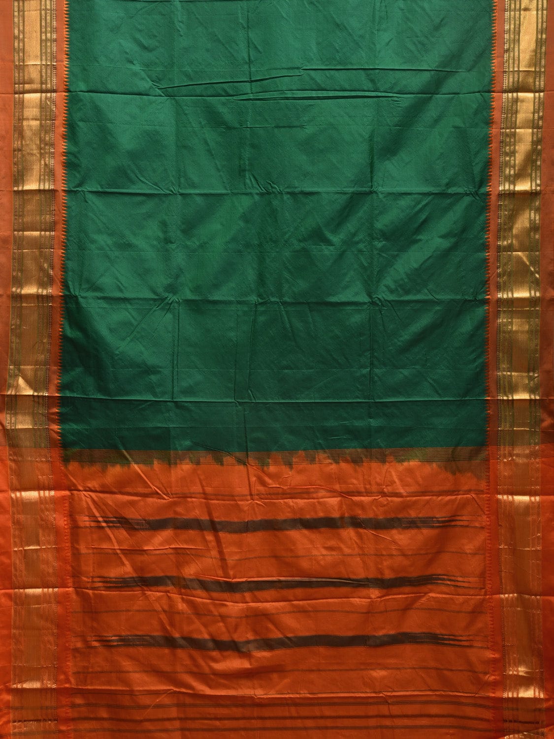 Dark Green and Orange Narayanpet Silk Handloom Plain Saree with Contrast Pallu Design np0929