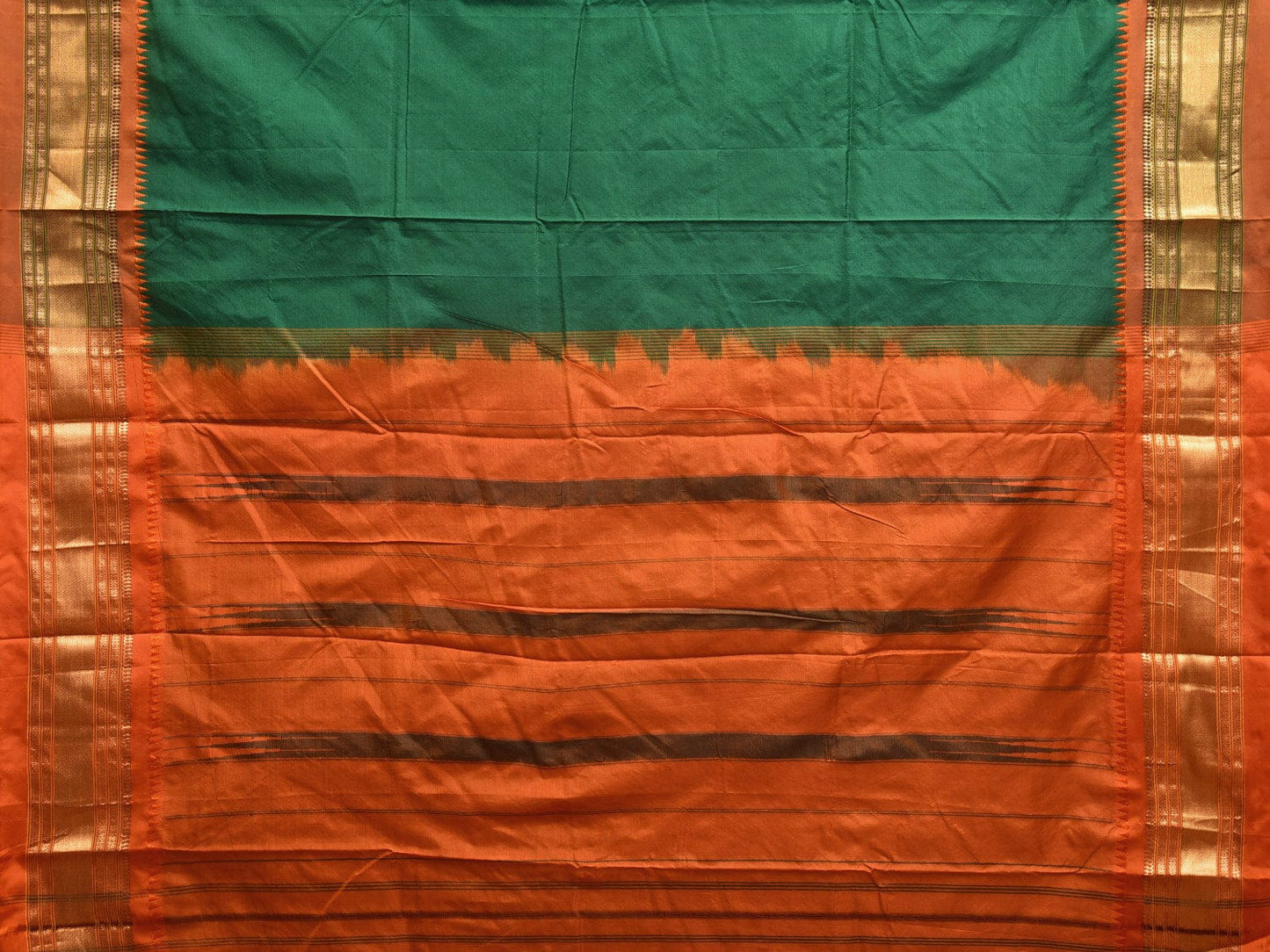 Dark Green and Orange Narayanpet Silk Handloom Plain Saree with Contrast Pallu Design np0929