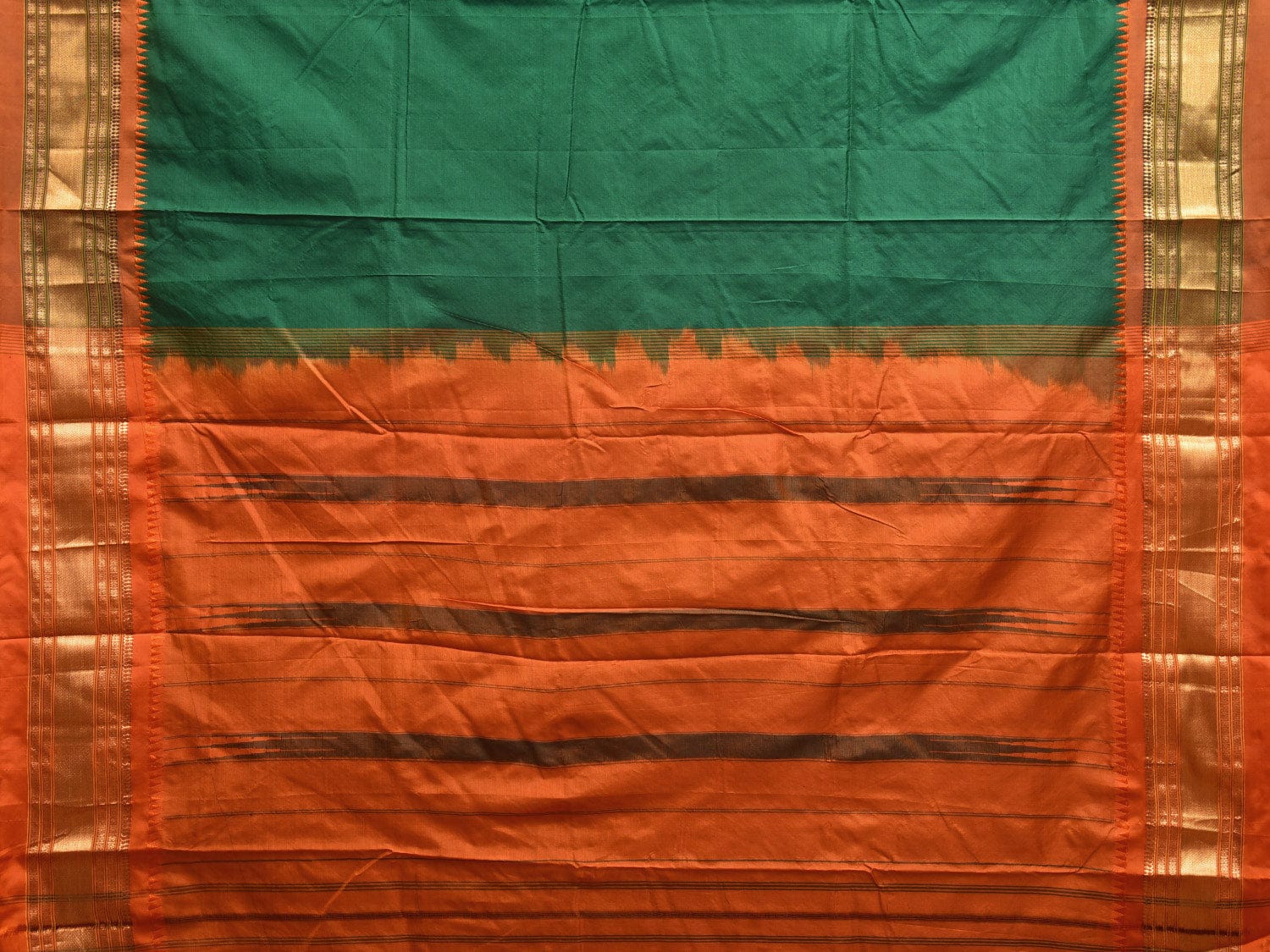 Dark Green and Orange Narayanpet Silk Handloom Plain Saree with Contrast Pallu Design np0929