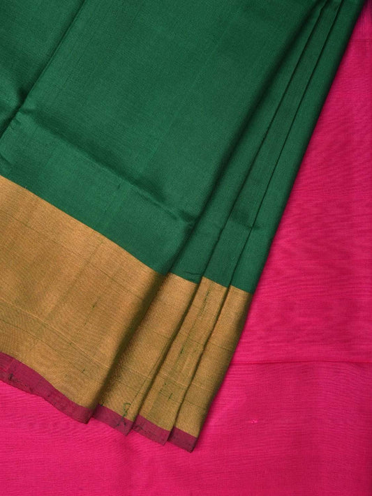 Dark Green and Pink Uppada Silk Handloom Plain Saree with Contrast Pallu Design u1754