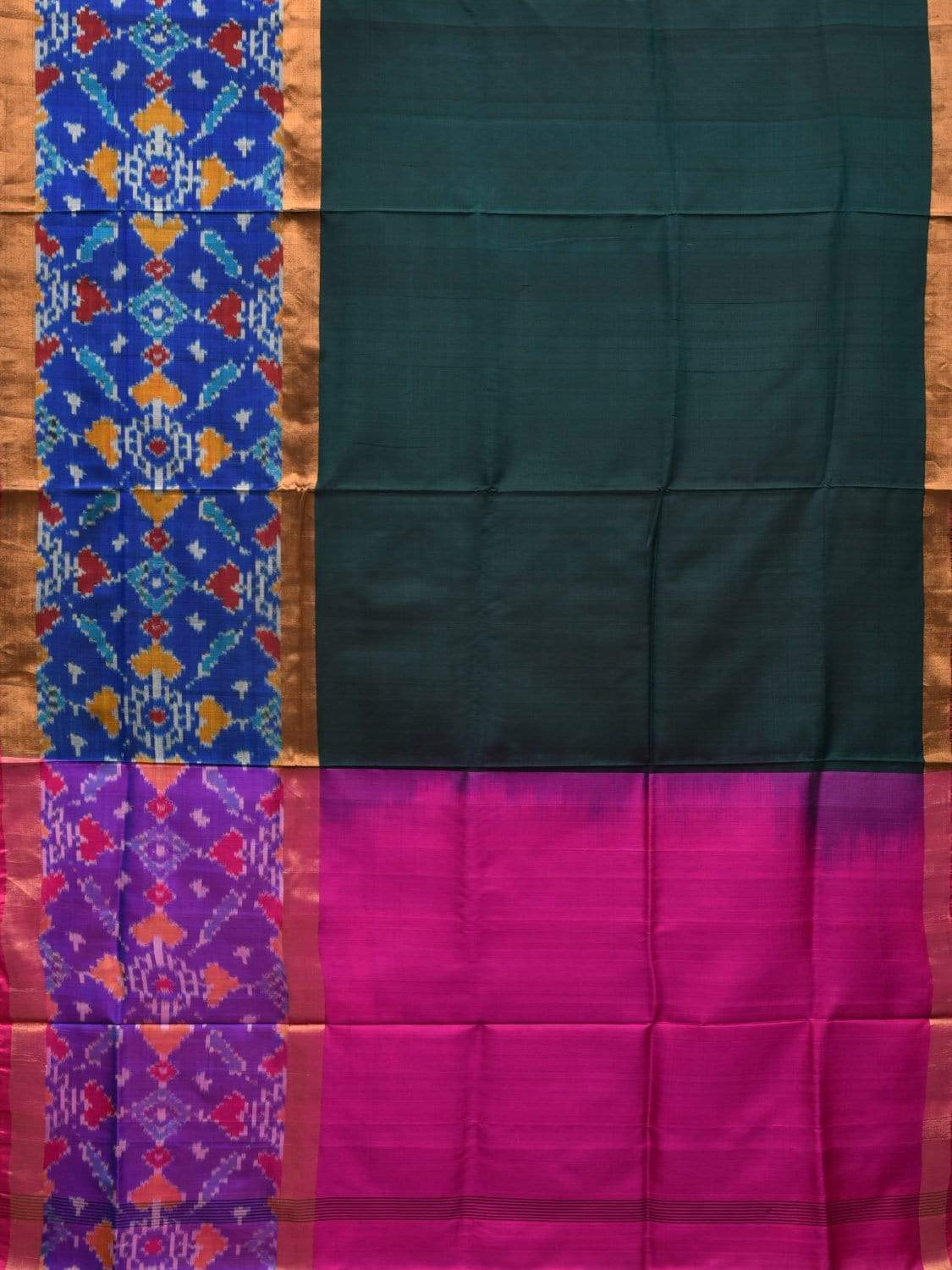 Dark Green and Pink Uppada Silk Handloom Saree with Ikat Border Design u1748