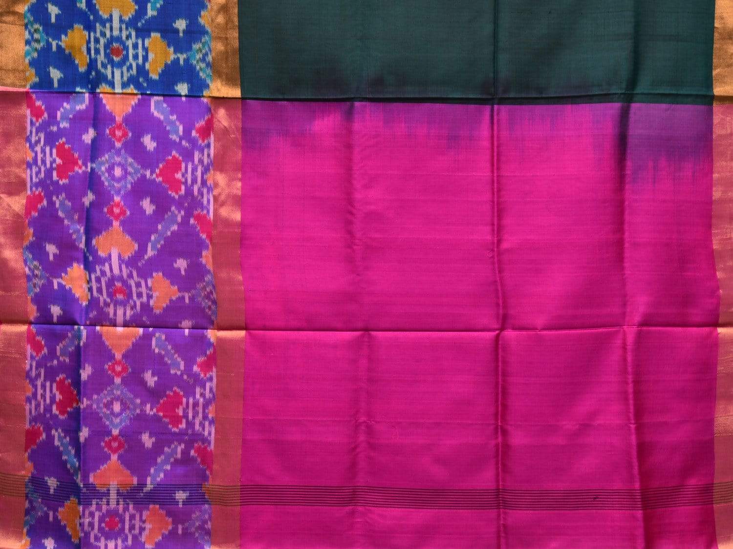 Dark Green and Pink Uppada Silk Handloom Saree with Ikat Border Design u1748