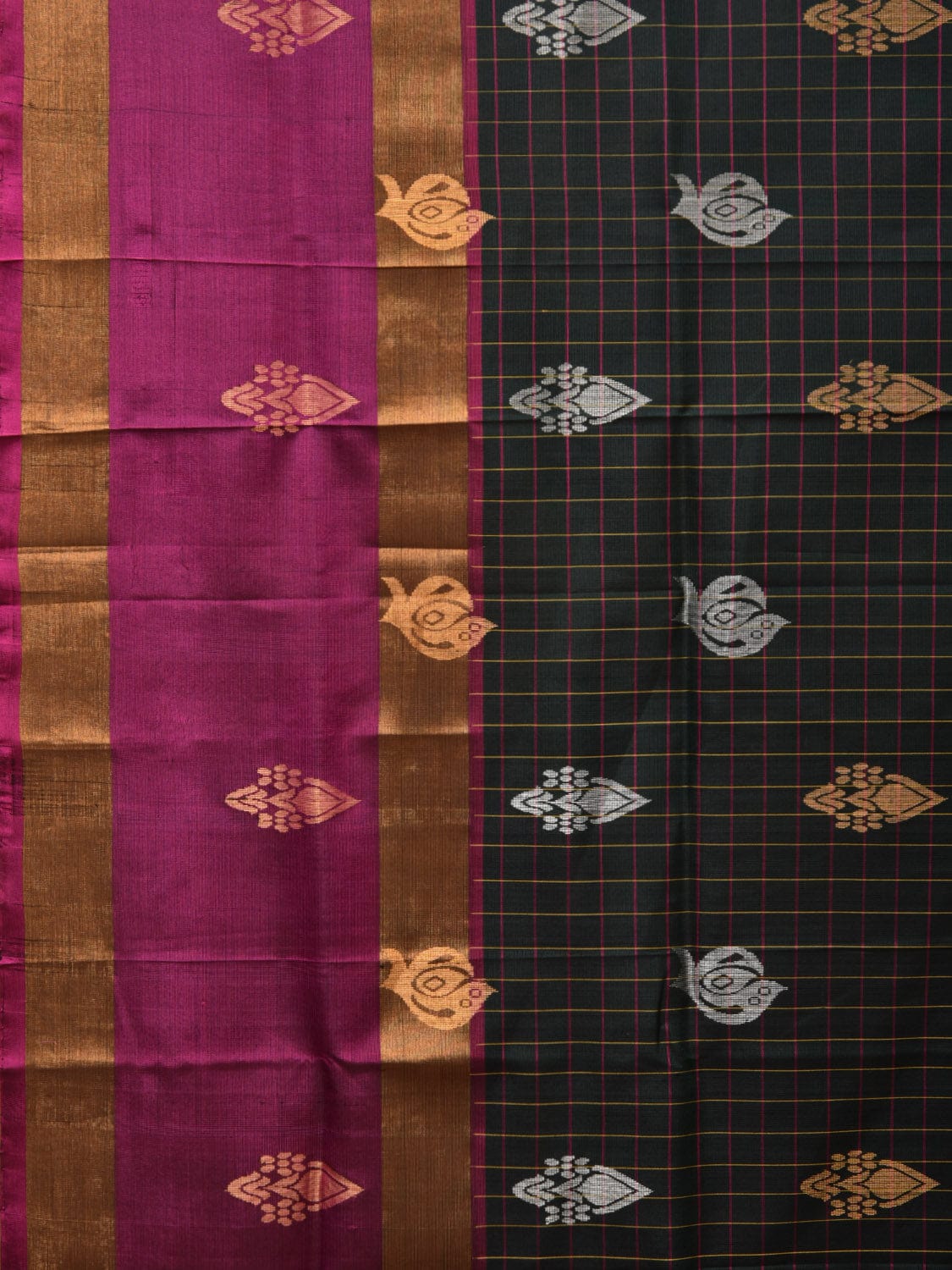 Dark Green and Purple Uppada Silk Handloom Saree with Checks and Body Buta Design u2189
