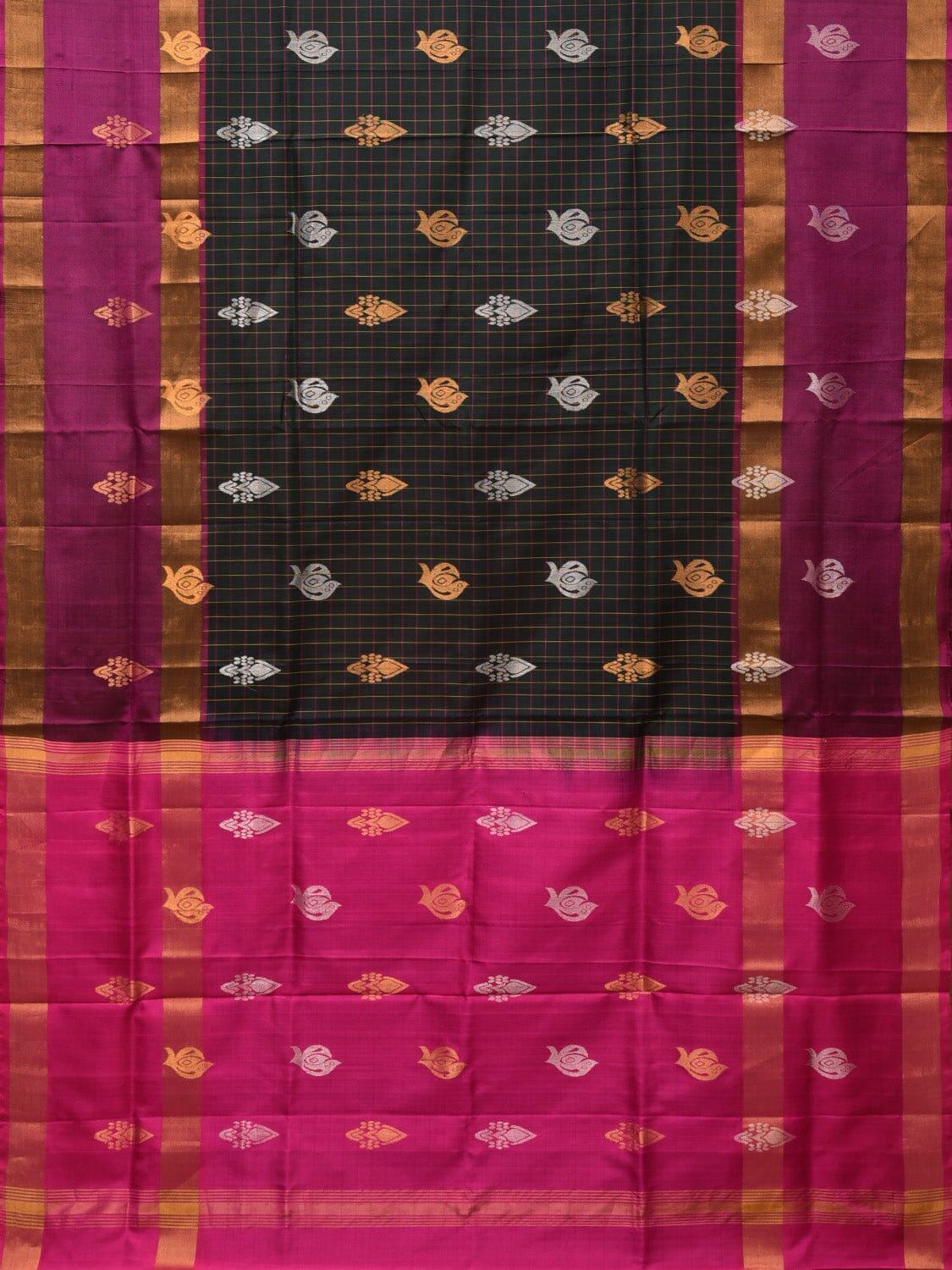 Dark Green and Purple Uppada Silk Handloom Saree with Checks and Body Buta Design u2189