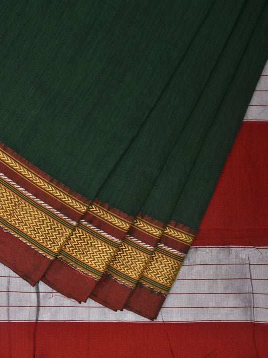 Dark Green and Red ilkal Cotton Handloom Plain Saree with Strips Pallu Design o0471