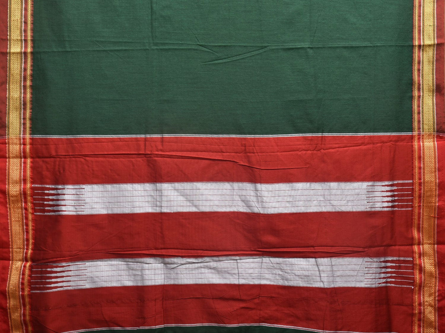 Dark Green and Red ilkal Cotton Handloom Plain Saree with Strips Pallu Design o0471