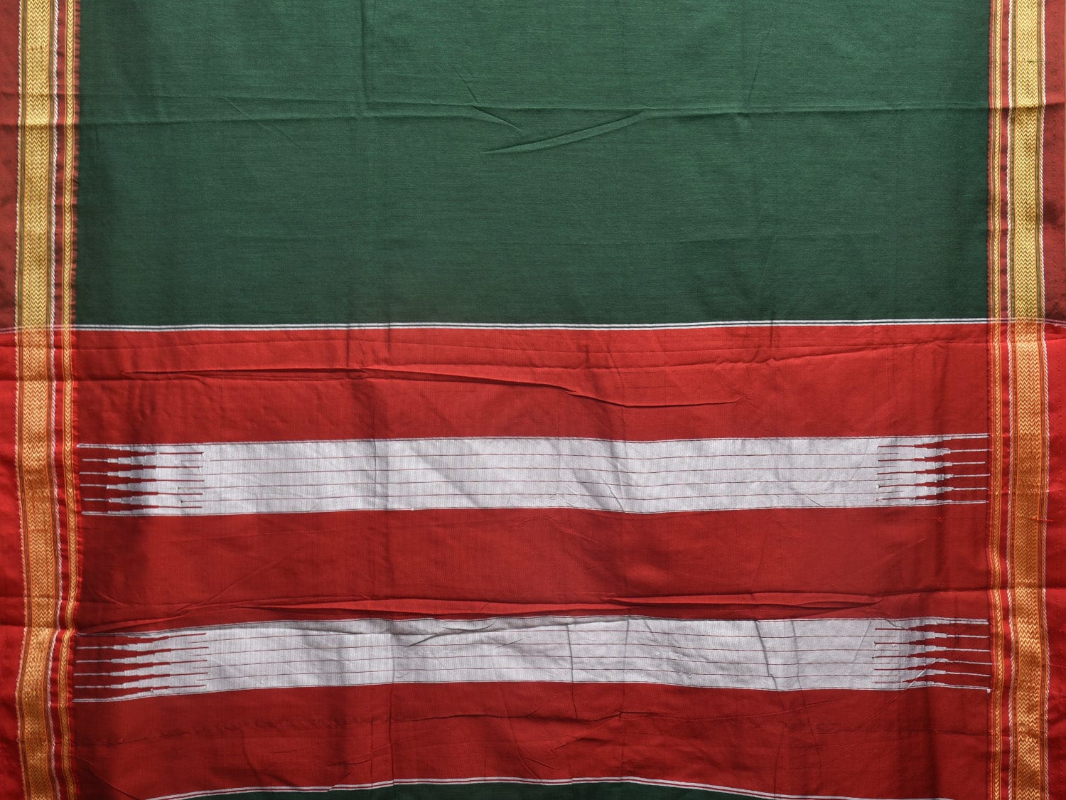 Dark Green and Red ilkal Cotton Handloom Plain Saree with Strips Pallu Design o0471